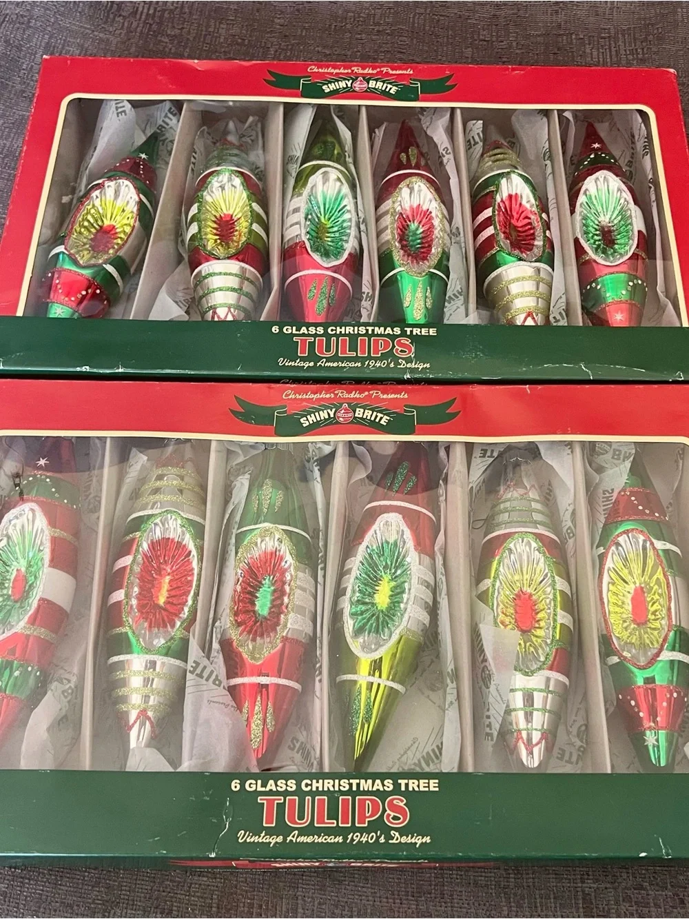 Christopher Radko Red and Green Vintage design ornaments. Lot of 4 boxes